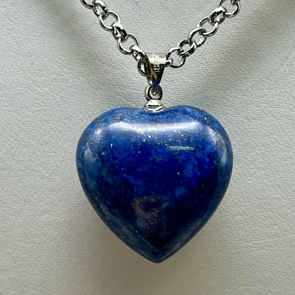 Silver Tone Chain Necklace with Genuine Lapis Lazuli Gemstone Heart Pendant - Picture 2 of 4